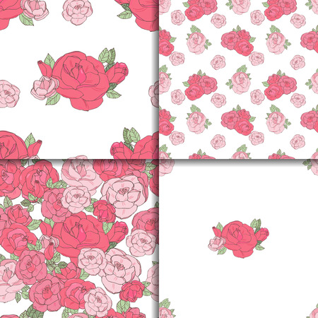 set of four seamless patterns. Pink roses on the white background.のイラスト素材