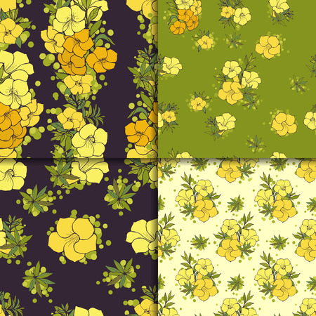 Set of four floral seamless patterns with yellow exotic flowers. Vector illustration.のイラスト素材