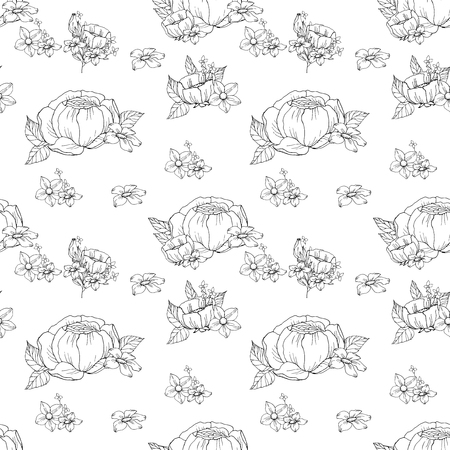 Seamless black and white floral pattern with peonies, vector illustrationのイラスト素材