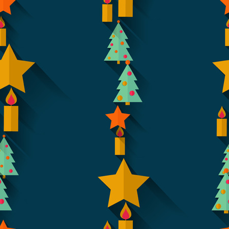 Vector seamless pattern. Christmas trees candles and stars on dark blue background. Flat designのイラスト素材