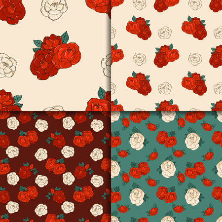 Set of four seamless patterns with hand drawn garden roses. Floral background.のイラスト素材