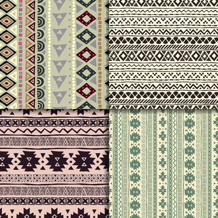 Seamless hand drawn aztec pattern set, four vector illustrations for your designのイラスト素材