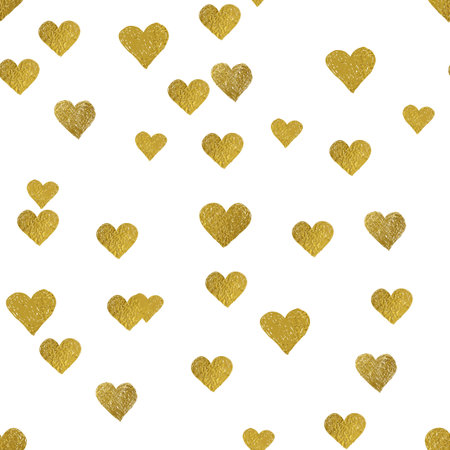 Gold glittering seamless pattern of hearts on white background.のイラスト素材