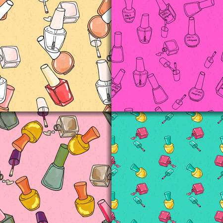 Seamless pattern set with nail polish. Fashion vector illustrations. Four hand drawn fashion backgroundsのイラスト素材