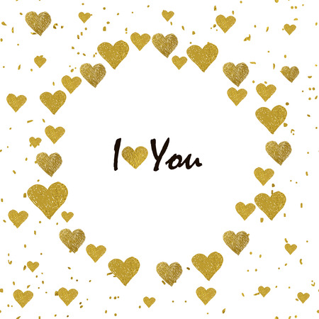 Circle frame. Golden foil hearts and place for your text on white background. Valentines day frame with words I love Youのイラスト素材