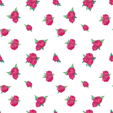 Seamless pattern with small pink peonies on white background. Good for web, print and wrapping paperのイラスト素材