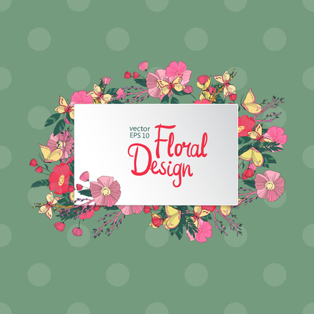 Vintage floral vector frame. Hand-drawn flowers and place for your text. Polka Dot backgroundのイラスト素材