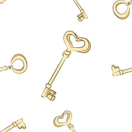 Seamless keys pattern. Hand drawn Gold vintage keys on white backgroundのイラスト素材