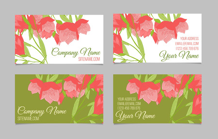 Floral business card set. Two double-sided templates with red peonies on green and white backgroundsのイラスト素材