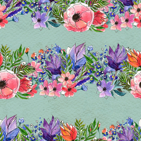 Floral seamless watercolor pattern. Rows of flowers. Floral garland. Wildflowers and briar rose seamless hand drawn background. Floral illustrationの写真素材