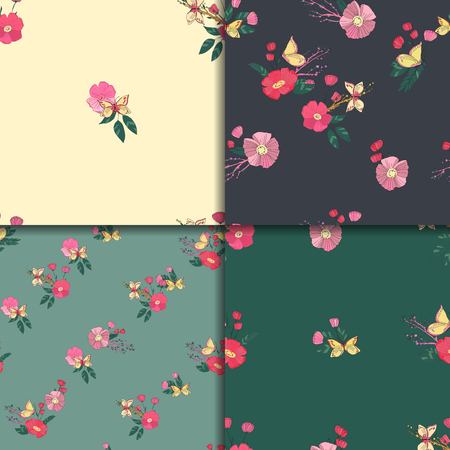 Floral Seamless Vintage Pattern Set With Wildflowers and Butterfly. Hand Drawn Illustrationsのイラスト素材