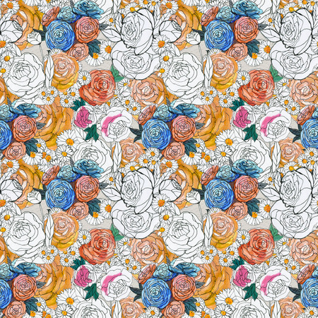 Seamless pattern with colorful flowers. Floral watercolor background.の写真素材