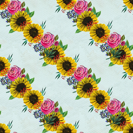 Seamless pattern with sunflowers and pink rose garlands. Floral watercolor background.の写真素材
