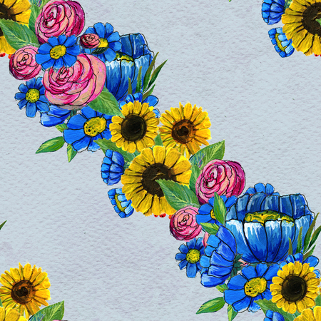 Seamless pattern with colorful flowers. Floral watercolor background. Blue wildflowers, pink roses and sunflowers.の写真素材