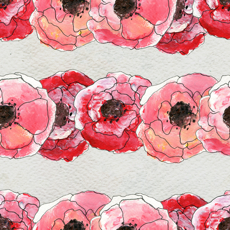 Seamless pattern with red flowers. Floral watercolor background.の写真素材