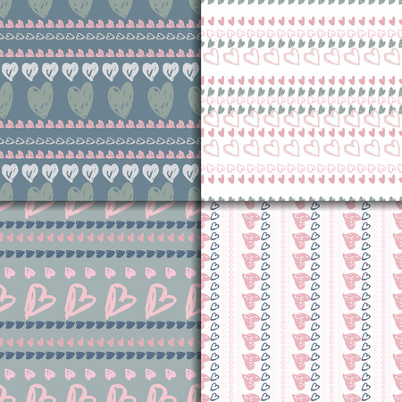 Doodle seamless pink and grey pattern set with hearts. Vector valentines day backgrounds.のイラスト素材