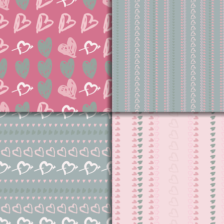 Doodle seamless pink and grey pattern set with hearts. Vector valentines day backgrounds.のイラスト素材