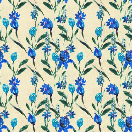 Seamless pattern with blue flowers. Floral watercolor background.の写真素材