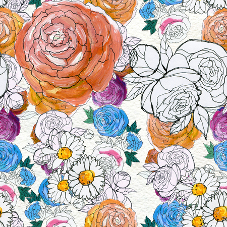 Seamless pattern with colorful flowers. Floral watercolor background.の写真素材