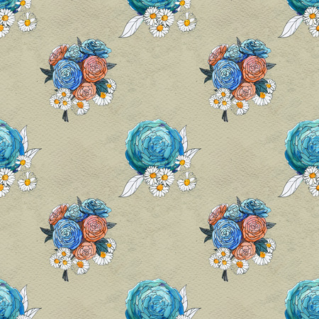 Seamless pattern with colorful flowers. Floral watercolor background. Blue hand painted roses.の写真素材