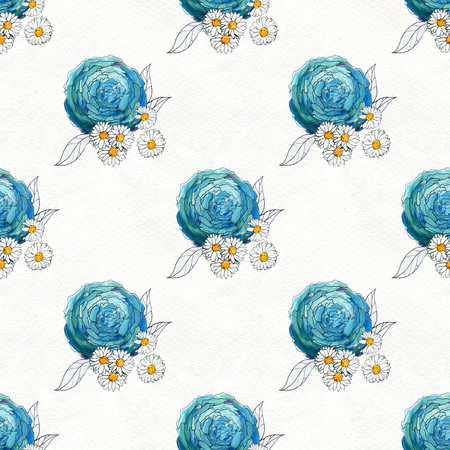 Seamless pattern with colorful flowers. Floral watercolor background. Blue hand painted roses.の写真素材