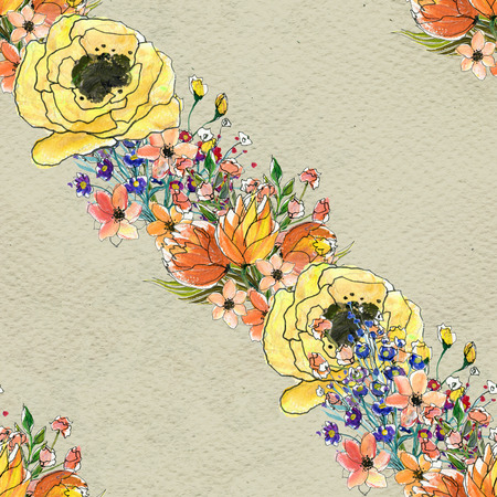 Seamless pattern with colorful flowers. Floral watercolor background.の写真素材