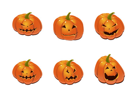 Halloween set with six scary Jack-O-Lantern pumpkins. Vector icon collection.のイラスト素材
