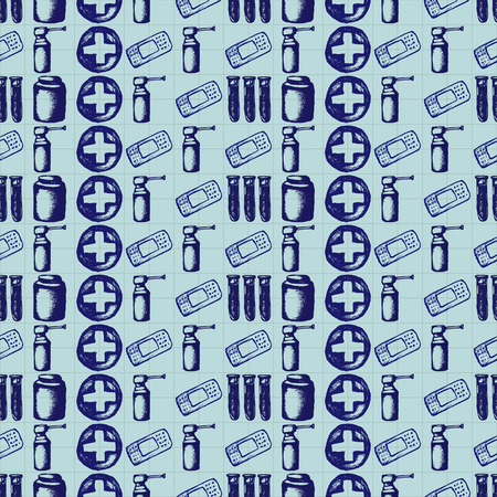 Healthcare and medicine. Vector doodle seamless pattern with pills, crosses, test tubes and plaster. Medical hand drawn icons on checkered background.のイラスト素材