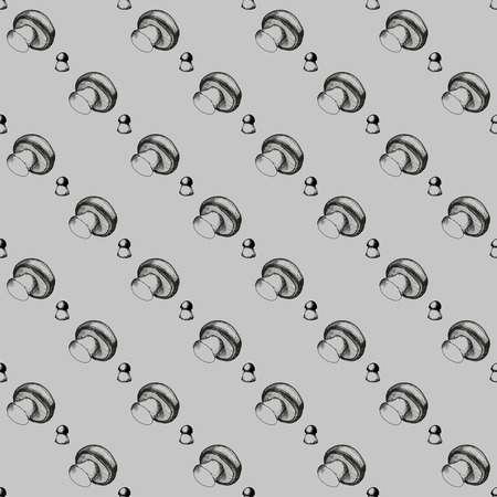 Hand drawn black and white seamless pattern with mushrooms on grey background. Vector doodle monochrome illustration. Boletus, chanterelle, agaric and russala.のイラスト素材