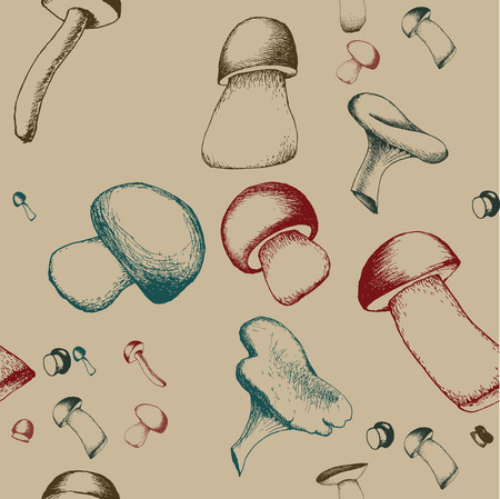 Hand drawn seamless pattern with mushrooms. Vector doodle illustration. Sketchy boletus, chanterelle, agaric and russala.のイラスト素材