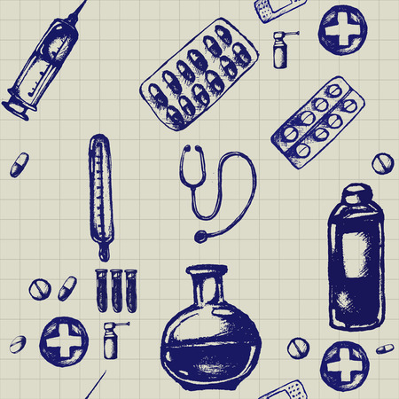 Healthcare and medicine. Vector doodle seamless pattern with thermometer, heart, stethoscope and pills. Medical hand drawn icons on checkered background.のイラスト素材