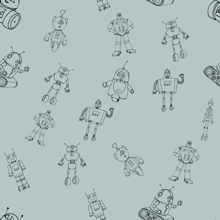 Seamless robot doodle pattern. The concept of science and the future. Cartoon style. Hand-drawn illustration.のイラスト素材