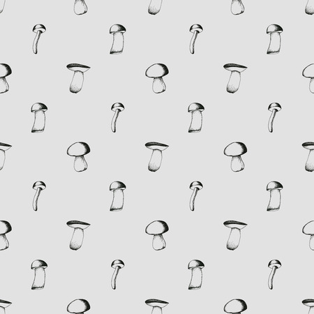 Hand drawn black and white seamless pattern with mushrooms. Vector doodle monochrome illustration. Boletus, chanterelle, agaric and russala.のイラスト素材