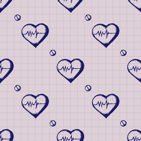 Healthcare and medicine. doodle seamless pattern with hearts and pills. Medical hand drawn icons on checkered background.のイラスト素材