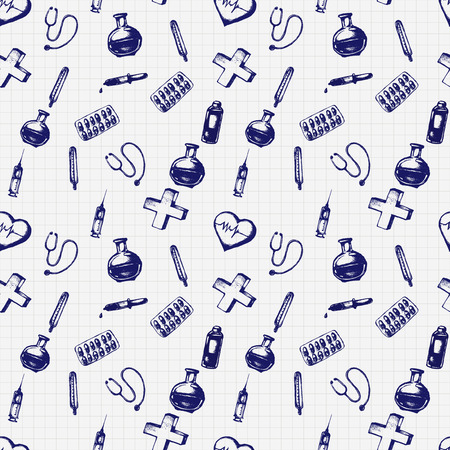 Vector doodle seamless illustration. Medicine iconsのイラスト素材
