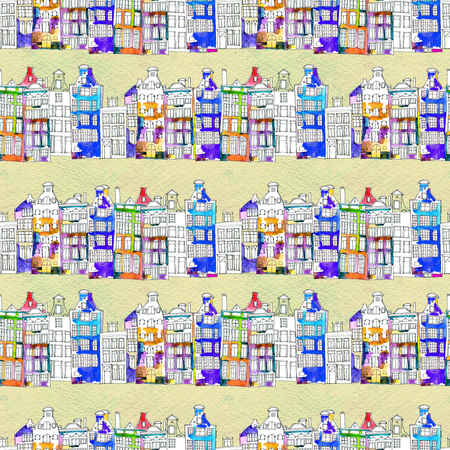 Seamless pattern eith watercolor Amsterdam housesの写真素材