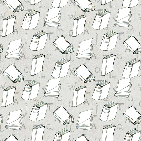 Seamless doodle pattern with books and letters. Library hand drawn sketchy background. Reading and education concept. Black and white illustration.の写真素材