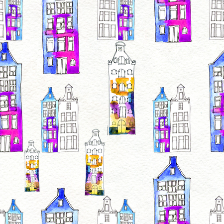 Seamless pattern eith watercolor Amsterdam housesの写真素材