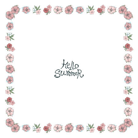 Vector floral frame with pink flowers. Nature square hand drawn border on white background.のイラスト素材