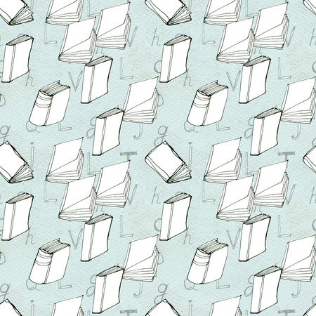 Seamless doodle pattern with books. Library hand drawn sketch on blue background. Reading and education concept.の写真素材