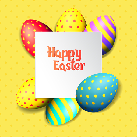 Happy Easter eggs and text on colored background with frame vector illustrationのイラスト素材