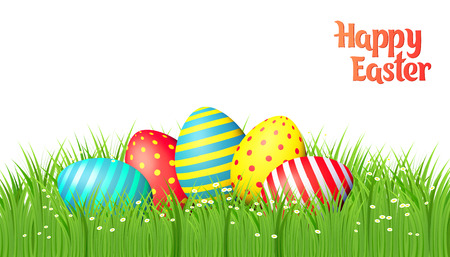 Happy Easter collection. Colorful eggs and grass on white background.のイラスト素材