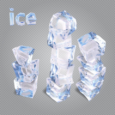 Set of transparent ice cube stack. 3d realistic vector mesh.のイラスト素材