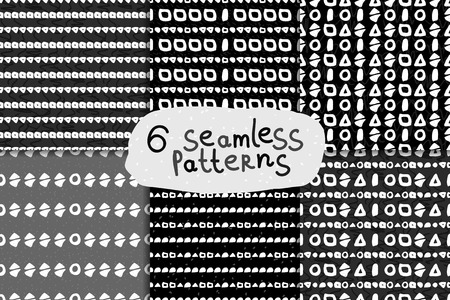 Abstract hand drawn monochrome seamless pattern set. Six Black and white grunge backgrounds with simple geometric shapes.のイラスト素材