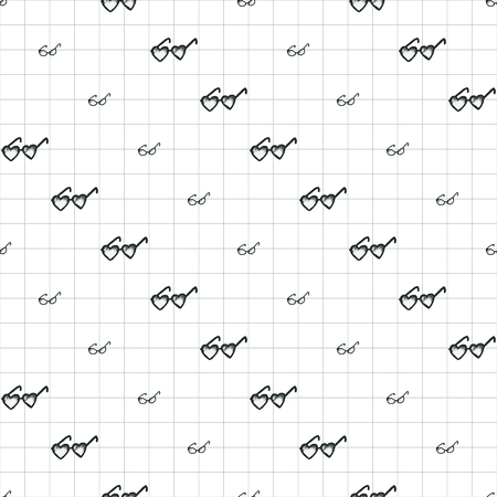 Different sunglasses types seamless pattern, hand drawn doodle style vector. Black and white sketch illustration on notebook page.のイラスト素材