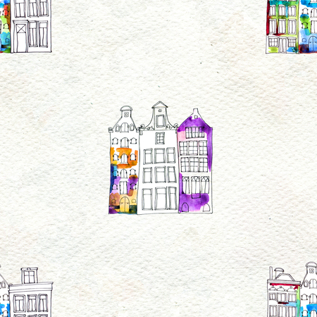 Seamless pattern eith watercolor Amsterdam housesの写真素材