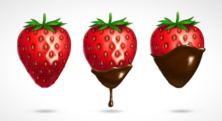 Strawberry dipped in chocolate. 3d vector icon isolated on white background. Realistic illustrationのイラスト素材