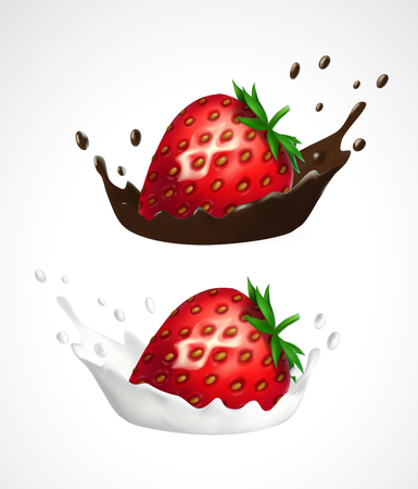 Strawberry with milk and chocolate splashのイラスト素材