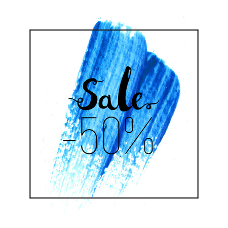 Sale sign over paint isolated on white background. Abstract texture acrylic stroke. Watercolor design for shop banners with lettering.のイラスト素材