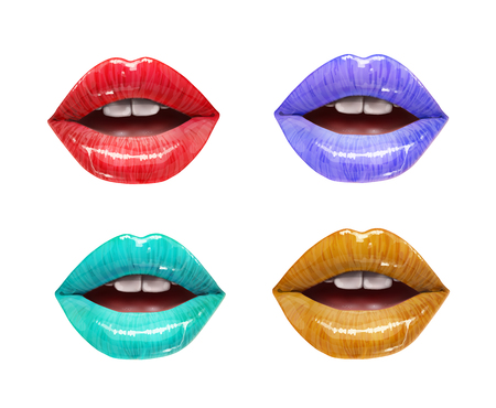 Colorful lips collection. Mouth set isolared on white background. Vector lipstick or lip gloss 3d realistic illustration.のイラスト素材